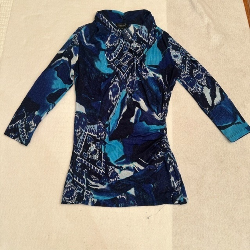 VTG Karen Kane Abstract Tunic Top Women Blue XL Cowl Neck Artsy 3 4 Sleeve Art
